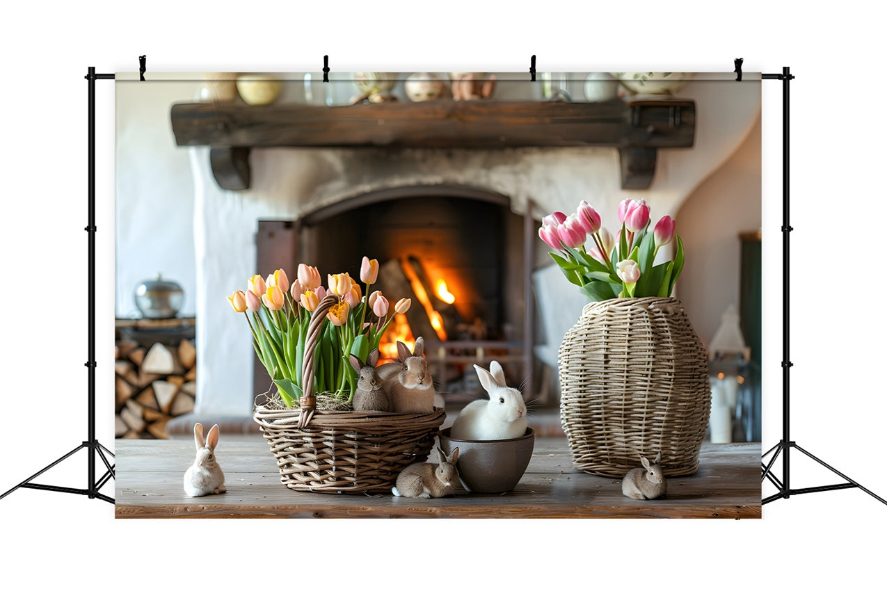 Fotografie Ostern Hintergrund Helle Tulpen Gemütliche Kamin Ostern Hintergrund BRP12-417