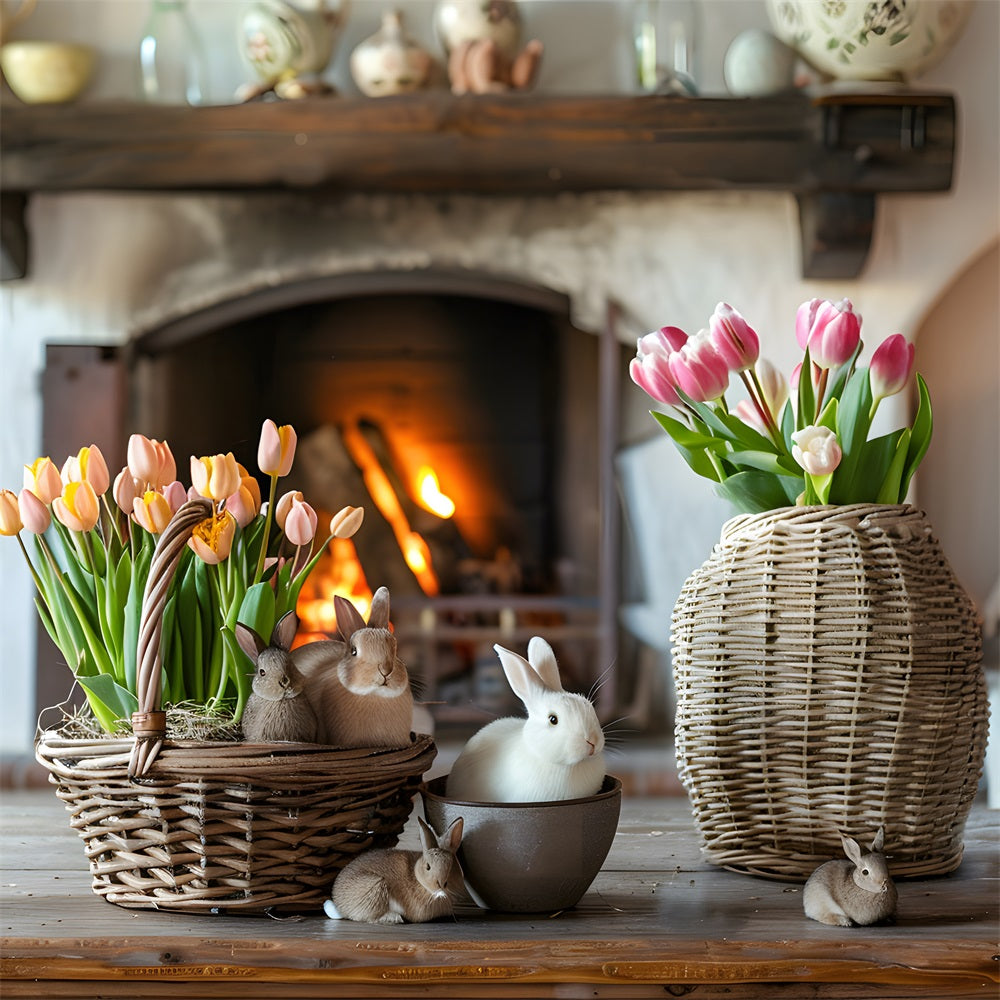 Fotografie Ostern Hintergrund Helle Tulpen Gemütliche Kamin Ostern Hintergrund BRP12-417