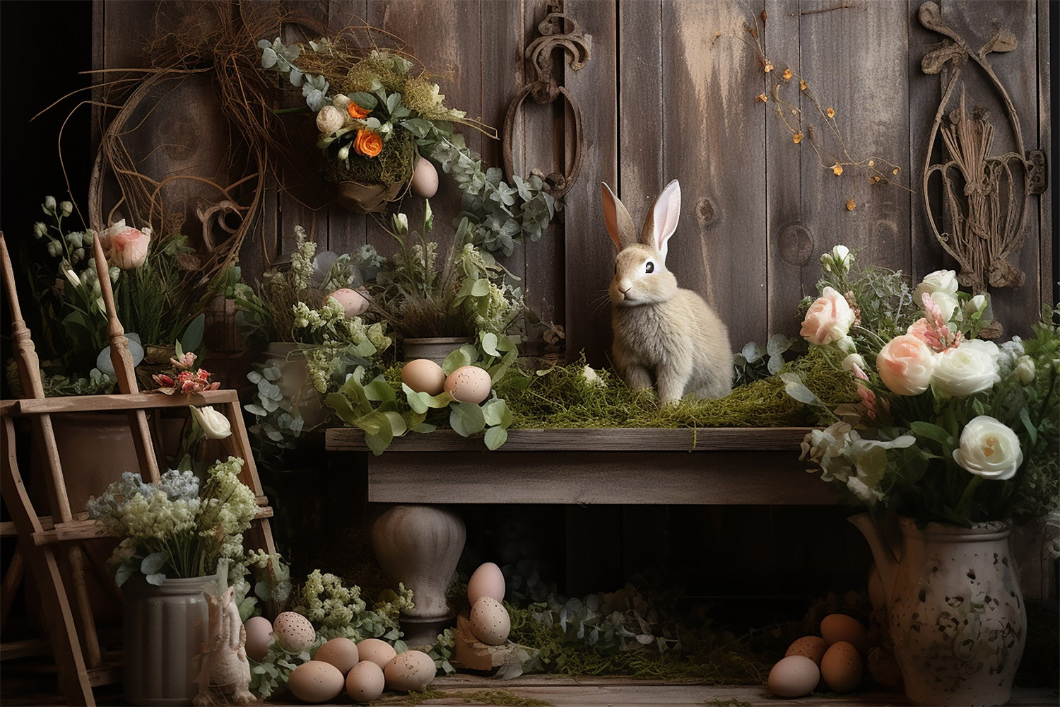 Ostern Fotohintergrund Rustikaler Hase Floraler Garten Hintergrund BRP12-418