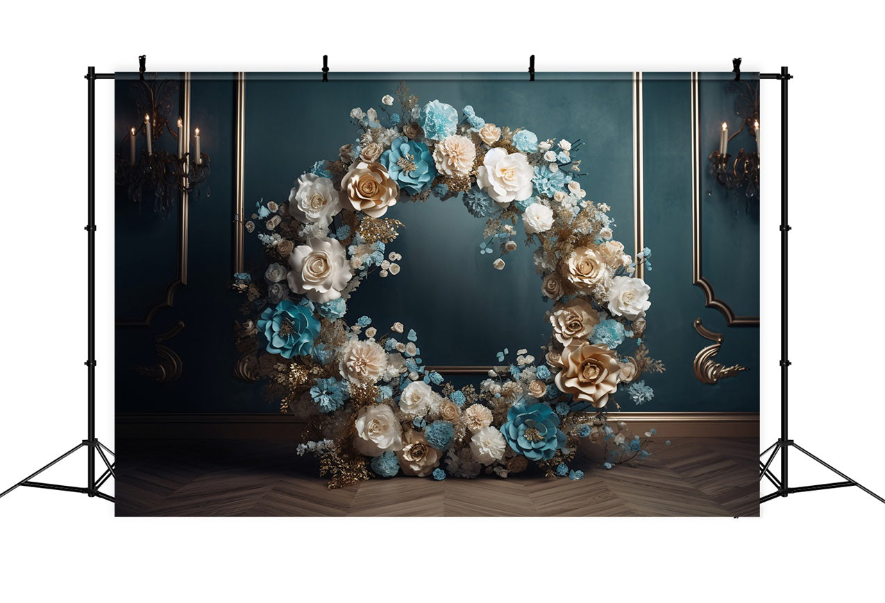 Maternity Backdrop Blau Gold Weiß Floral Wreath Backdrop BRP12-43