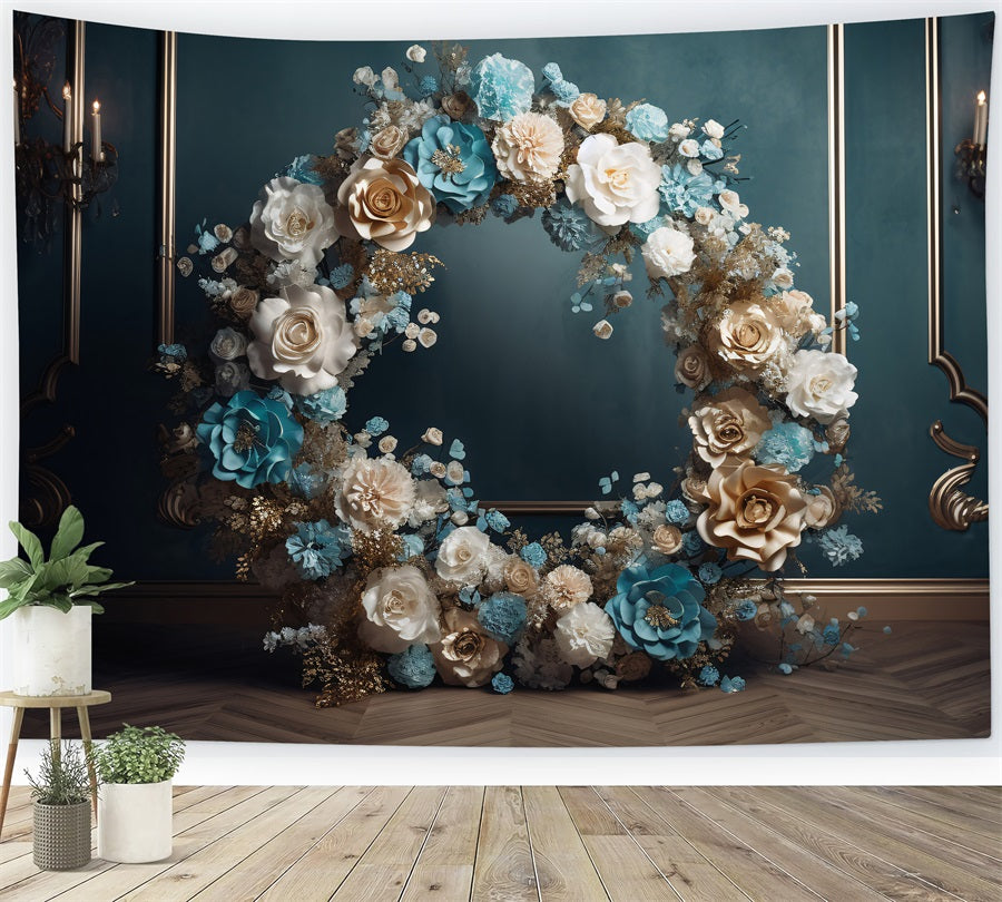 Maternity Backdrop Blau Gold Weiß Floral Wreath Backdrop BRP12-43