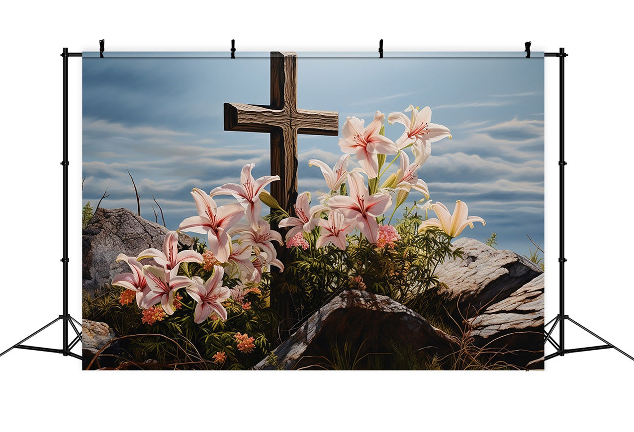 Ostern Fotohintergrund Lilien Holzkreuz Fotohintergrund BRP12-433