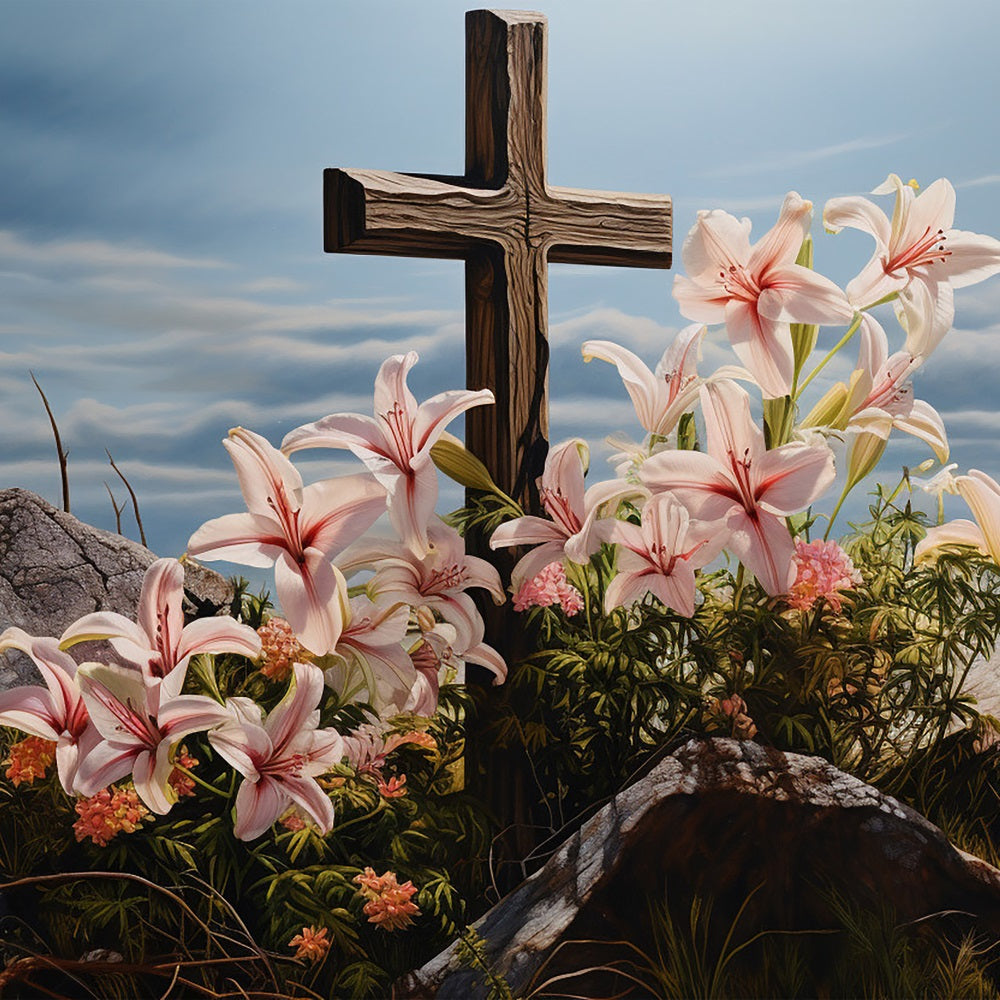 Ostern Fotohintergrund Lilien Holzkreuz Fotohintergrund BRP12-433