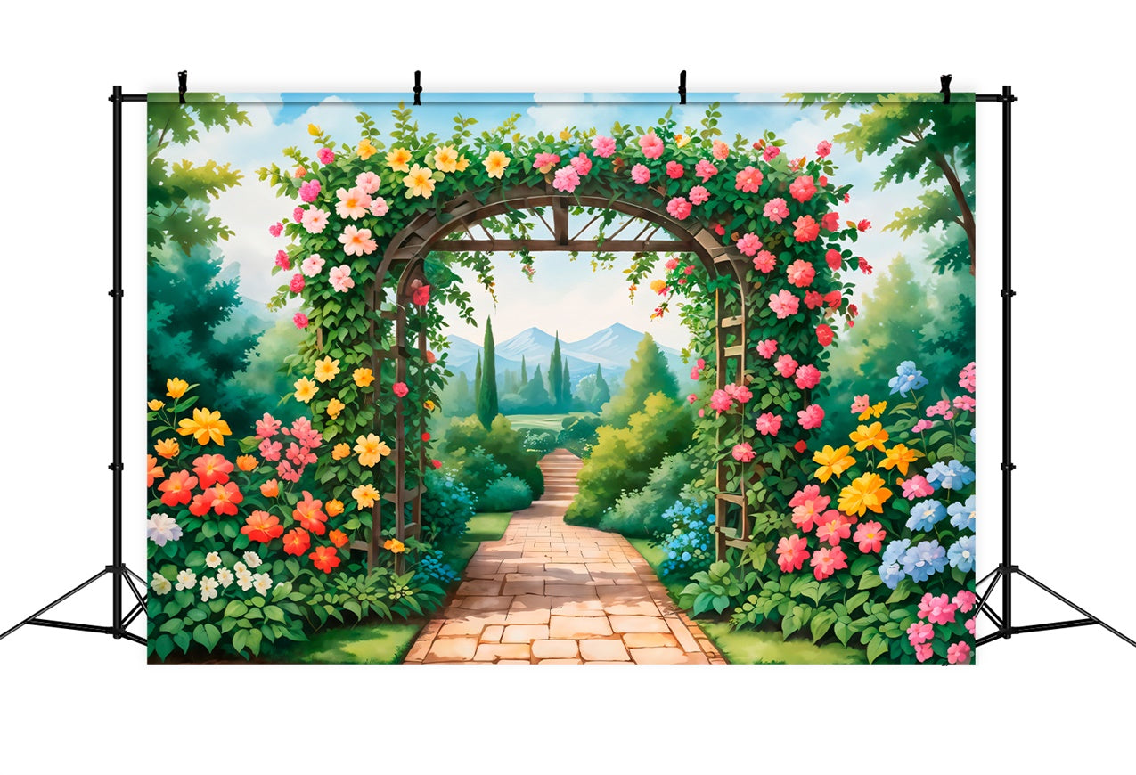 Backdrops Frühling Blühender Gartenweg Lebendige Blumen Backdrop BRP12-476