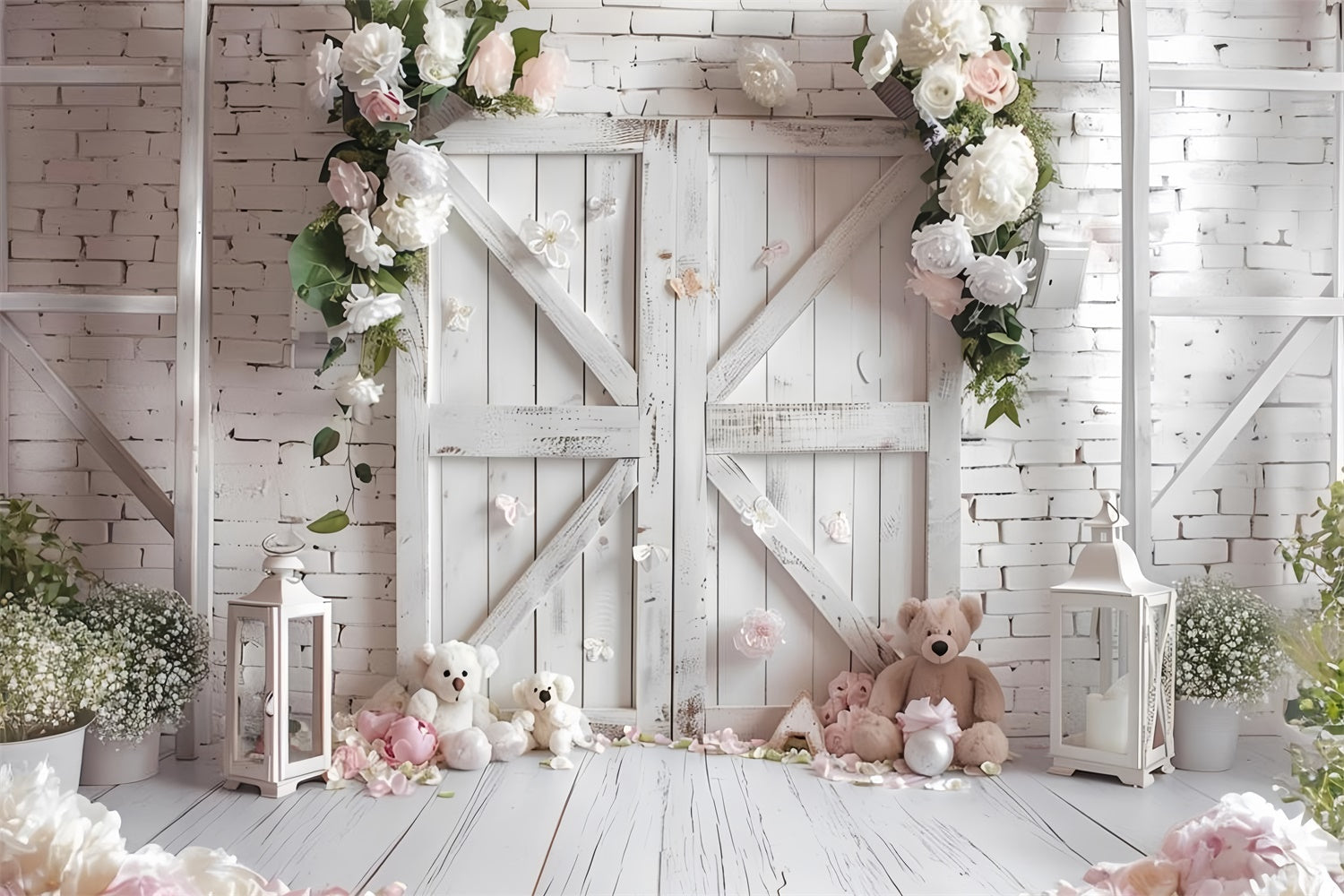 Fotografie Frühling Hintergrundkulissen Scheunentür Floral Teddy Hintergrund BRP12-505