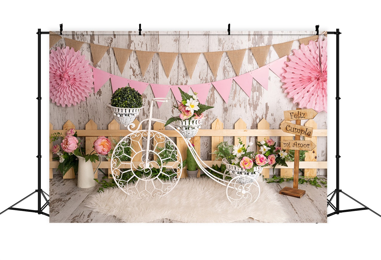 Frühling Hintergrundbilder Floral Fahrrad Zaun Party Backdrop BRP12-506