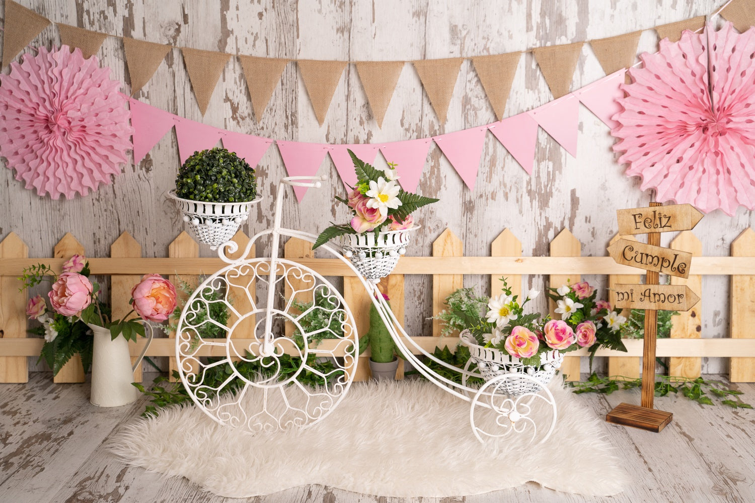 Frühling Hintergrundbilder Floral Fahrrad Zaun Party Backdrop BRP12-506