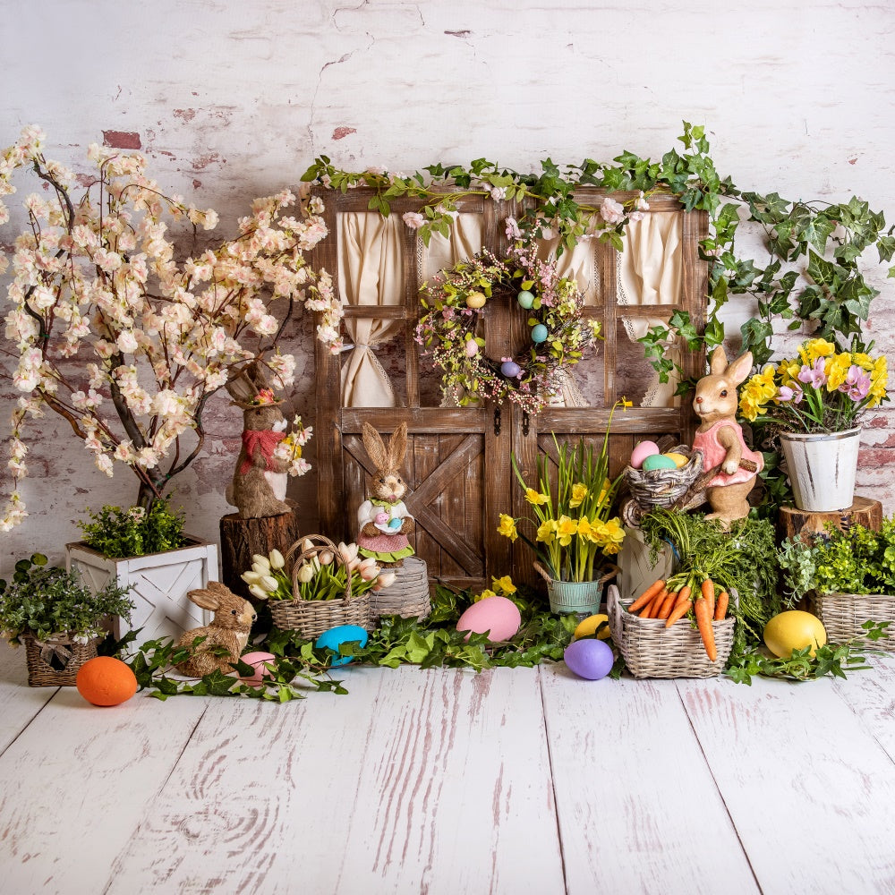 Ostern Frühling Backdrops Blumen Hasen Holztür Backdrop BRP12-508