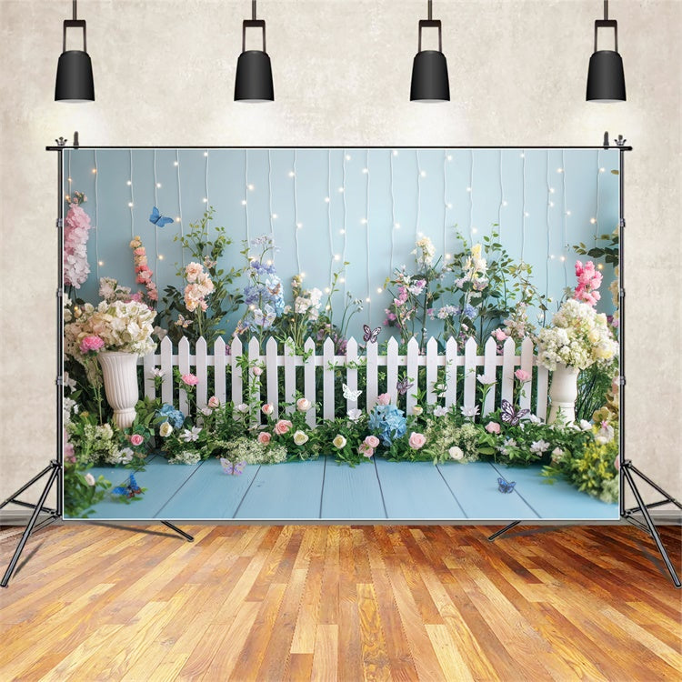 Frühlingsblumen Backdrop Blüten Weißer Zaun Fotografie Hintergrund BRP12-509