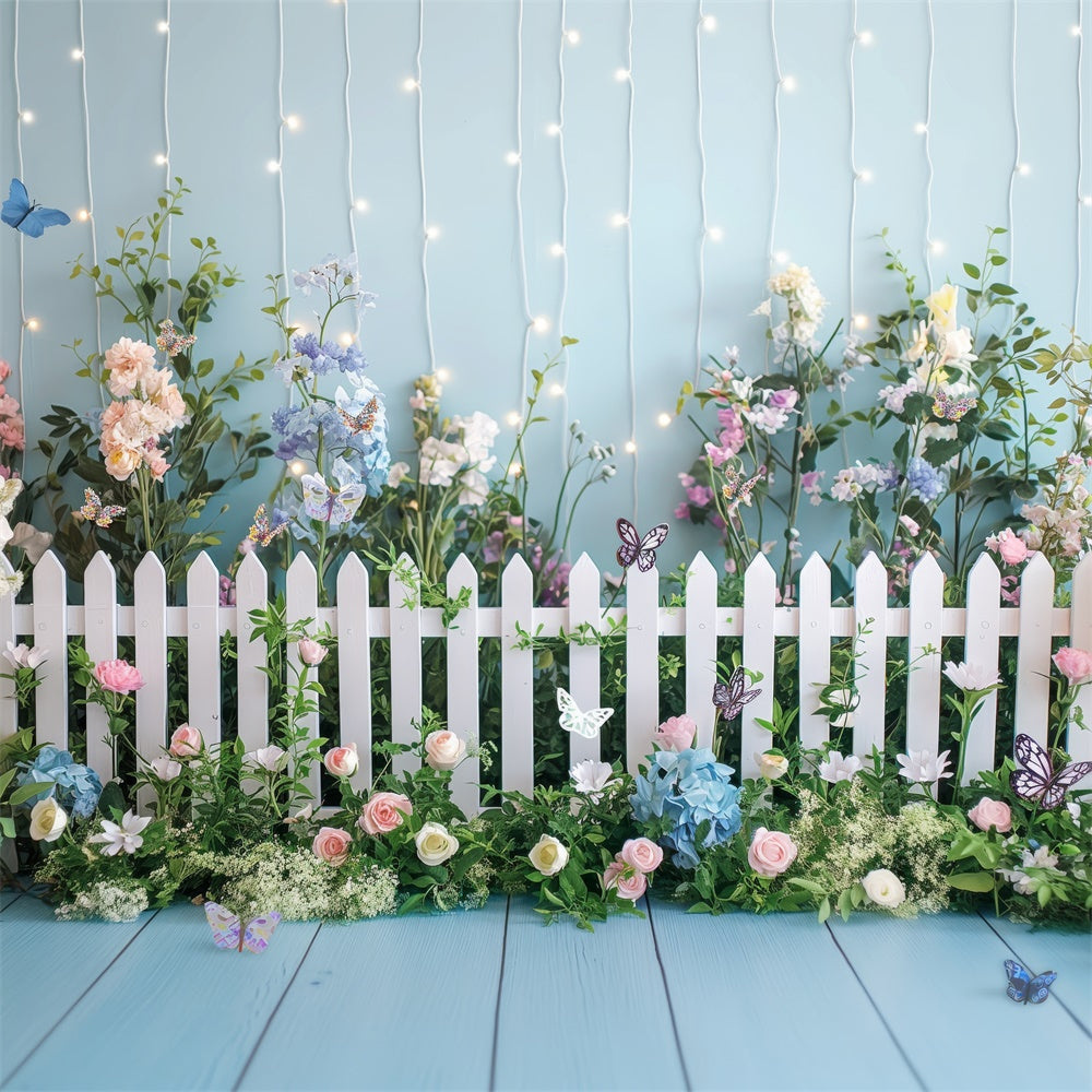 Frühlingsblumen Backdrop Blüten Weißer Zaun Fotografie Hintergrund BRP12-509