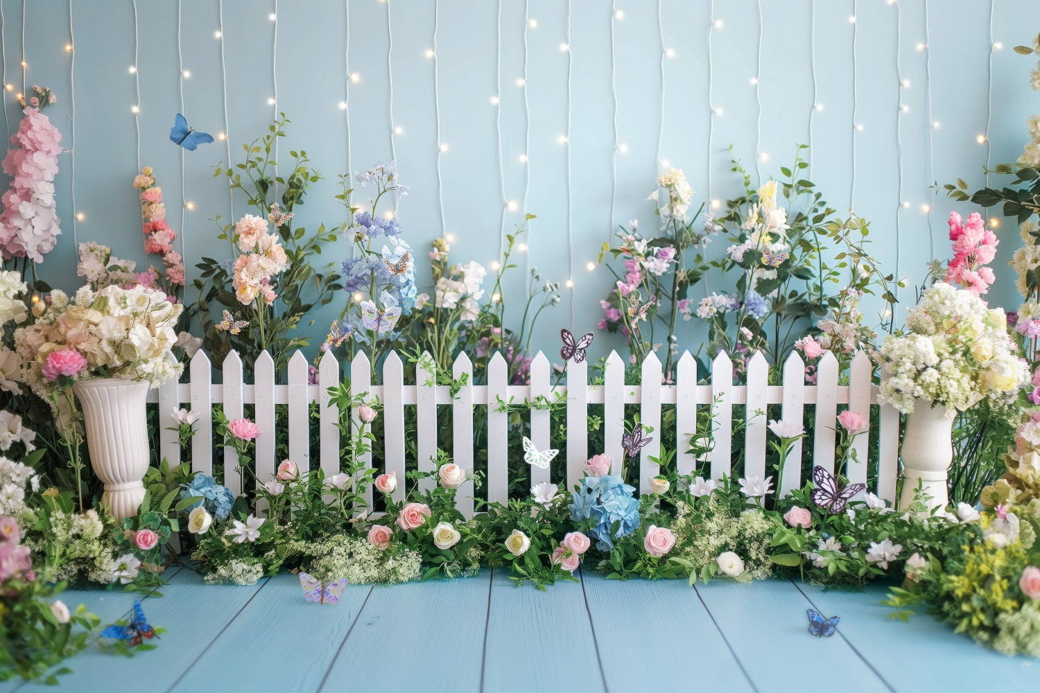 Frühlingsblumen Backdrop Blüten Weißer Zaun Fotografie Hintergrund BRP12-509