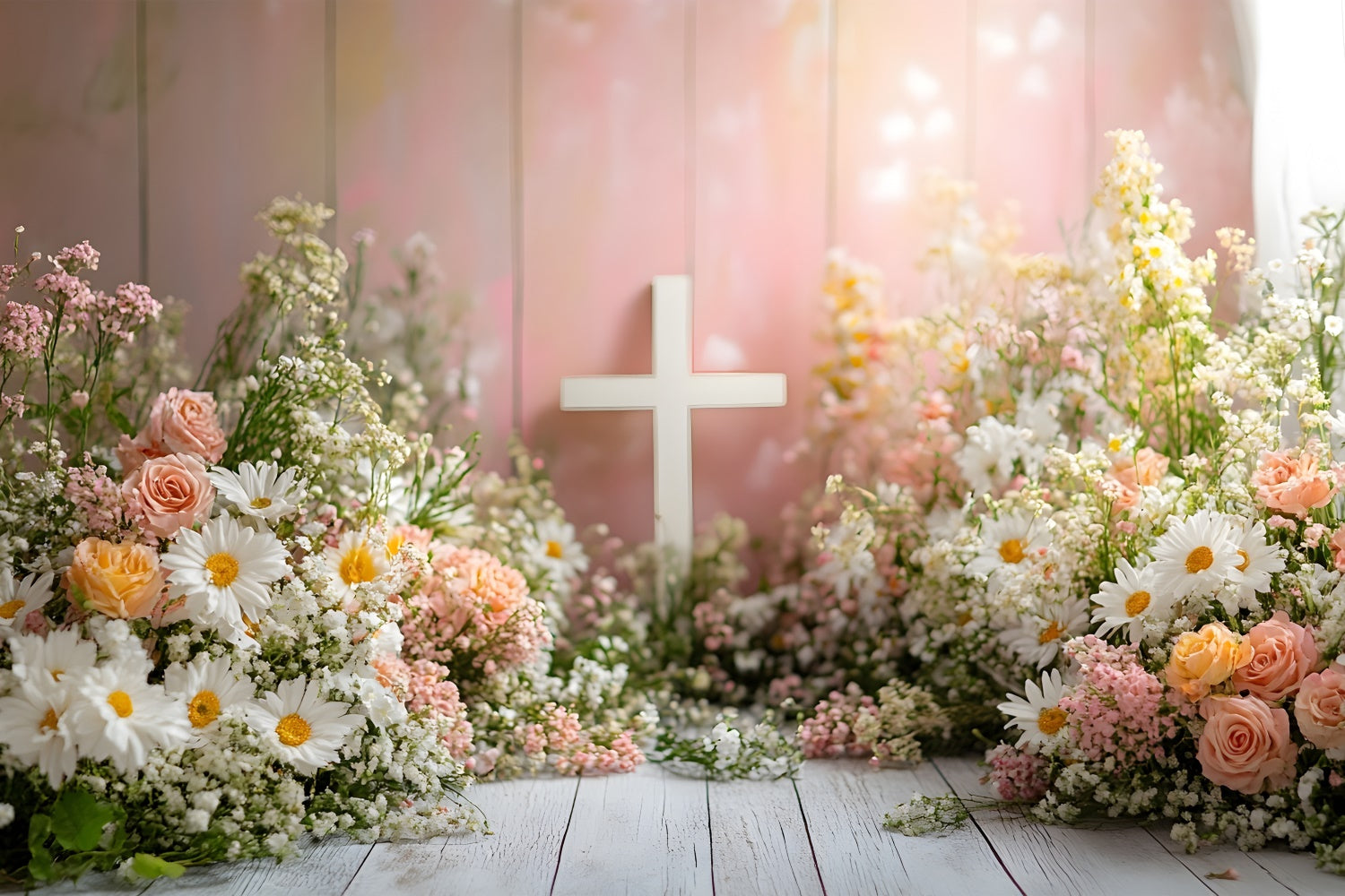 Fotohintergrund Frühling Pastellblüten Weißes Kreuz Backdrop BRP12-510