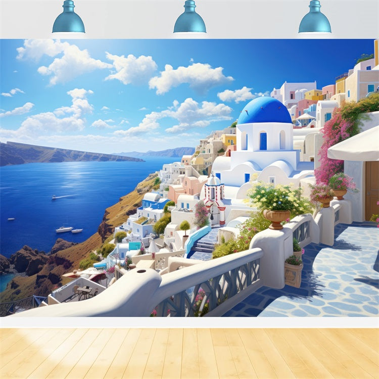 Architektur Backdrop Santorini Küstenstadt Blauer Himmel Backdrop BRP12-640