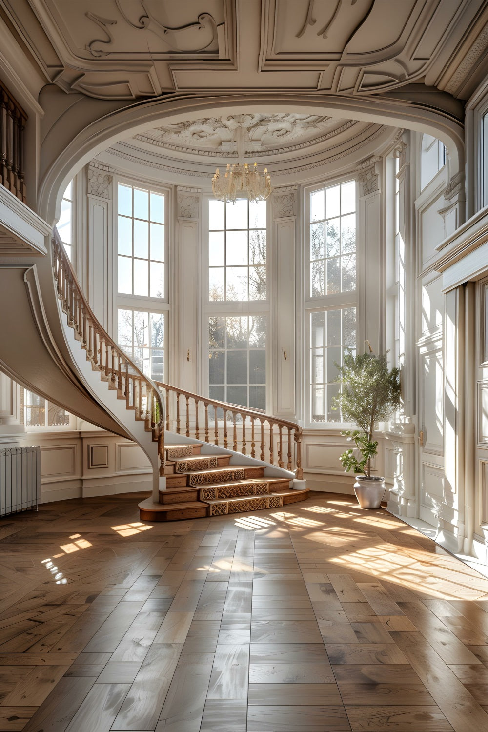 Architektur-Hintergrundkulisse Elegantes, sonnenbeschienenes Herrenhaus Treppe Hintergrund BRP12-671