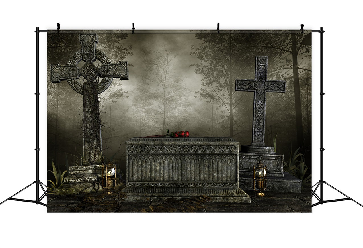 Sarg Backdrop Gothic Cross Sarg Nebliger Wald Backdrop BRP12-692