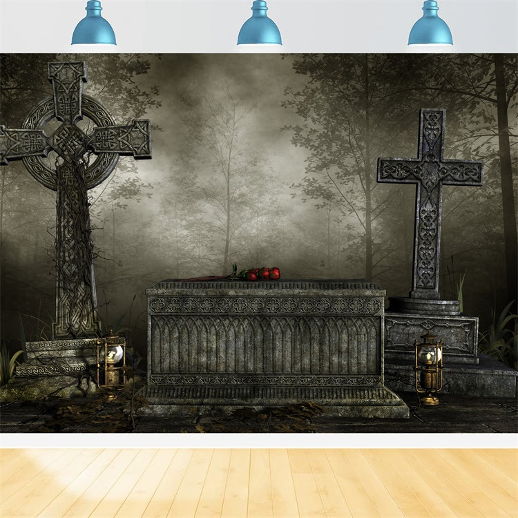 Sarg Backdrop Gothic Cross Sarg Nebliger Wald Backdrop BRP12-692