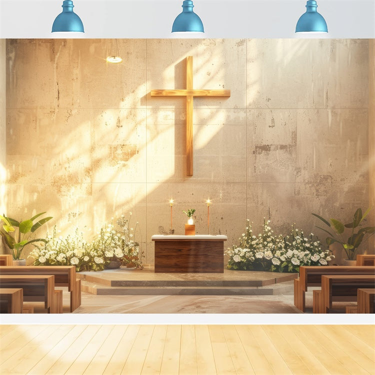 Kirche Backdrop Designs Sunlit Floral Golden Cross Backdrop BRP12-720