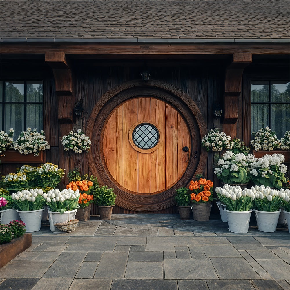 Hintergrund Ostern Rustikale Runde Holztür Floral Backdrop BRP12-727