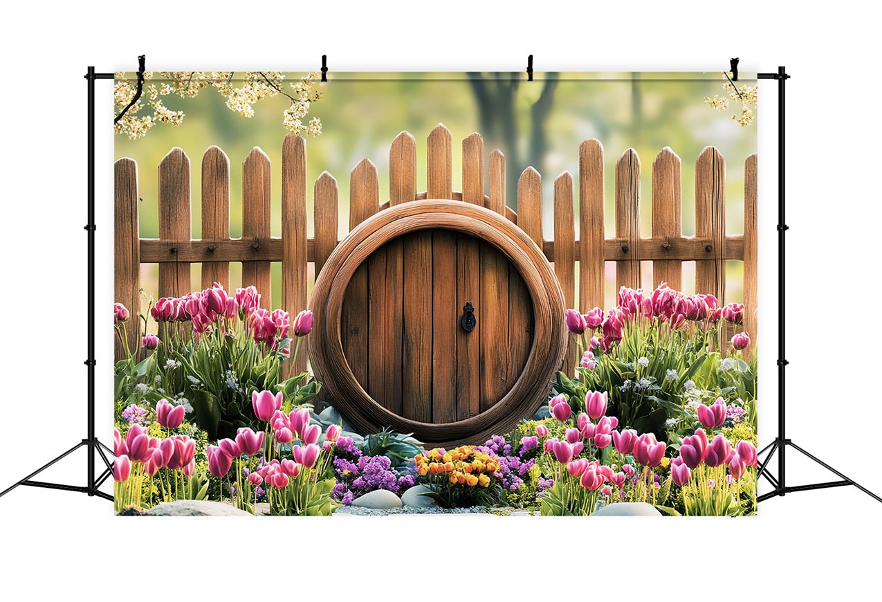 Fotohintergrund Ostern Tulpengarten Rustikaler Zaun Hintergrund BRP12-729