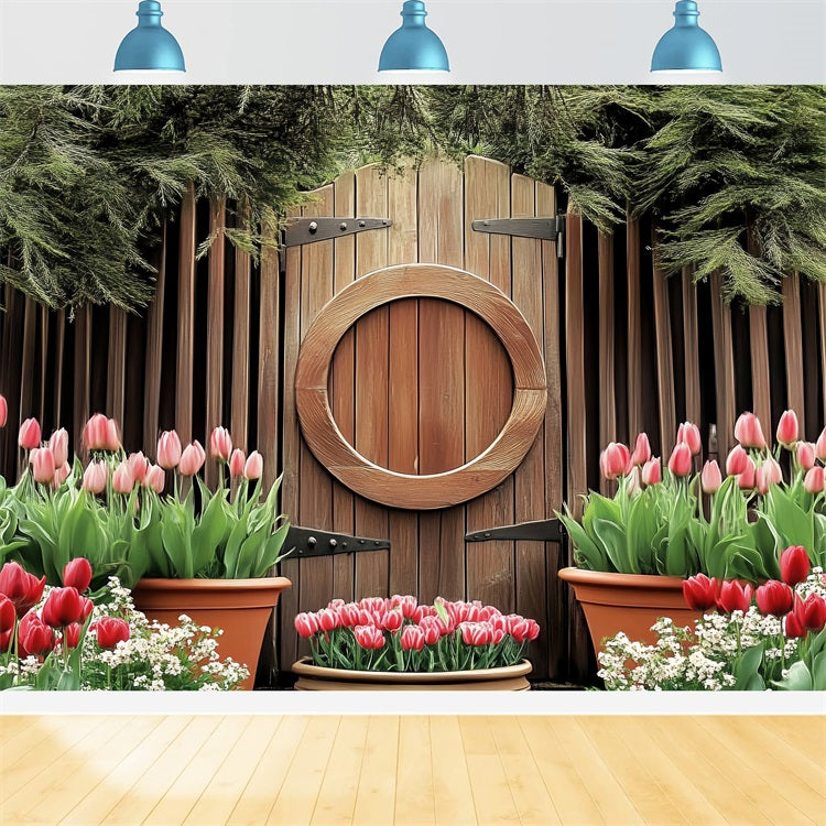 Ostern Backdrops Holzkreis Tür Blühende Tulpen Backdrop BRP12-730