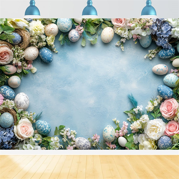 Fotografie Ostern Backdrop Frühling Blaue Eier Blumen Backdrop BRP12-753