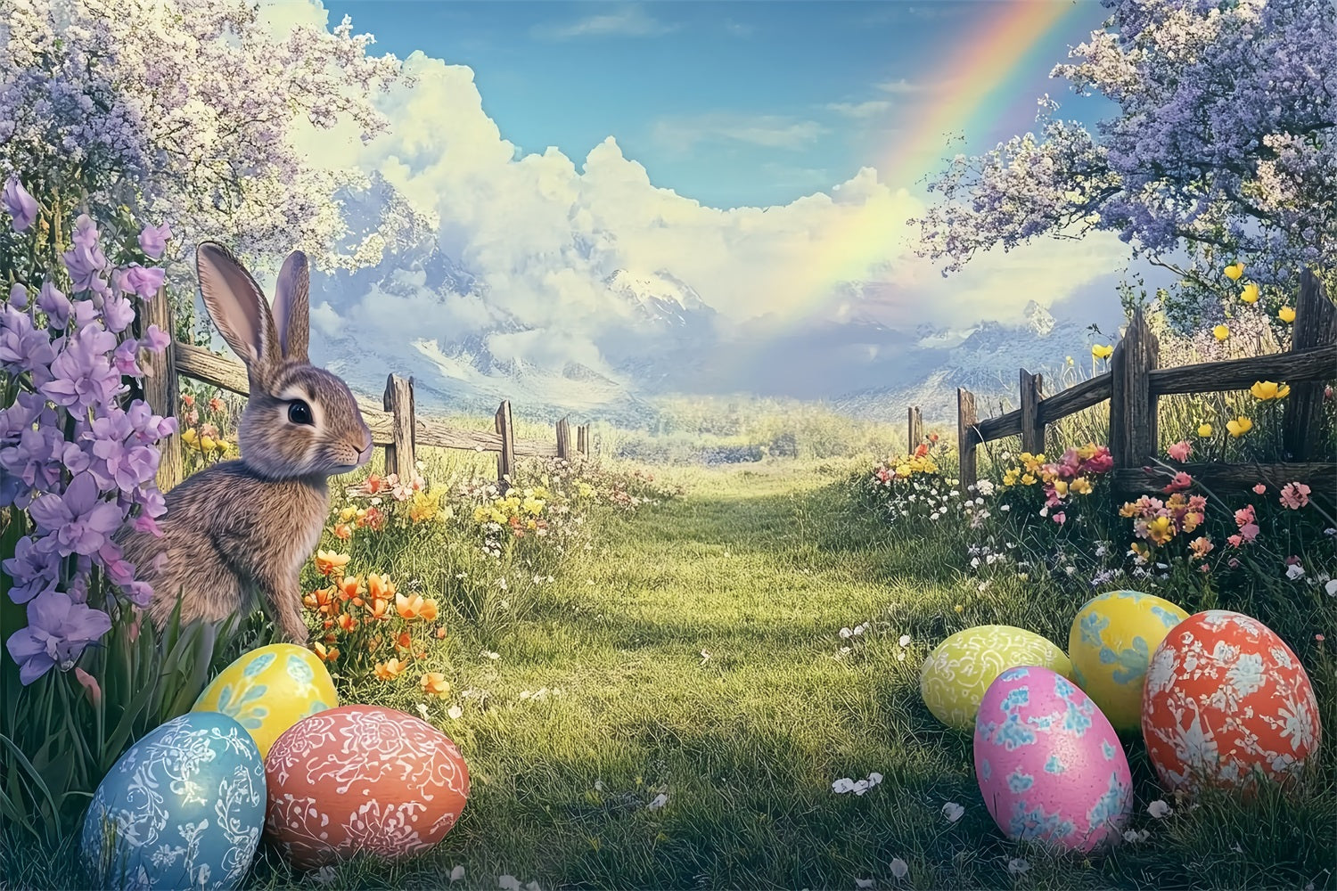 Osterhase Fotohintergrund Frühling Regenbogen Ei Feld Hintergrund BRP12-754