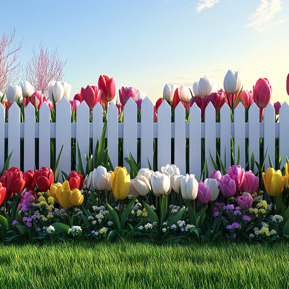 Fotokulisse Ostern Weißer Zaun Tulpen Garten Kulisse BRP12-758