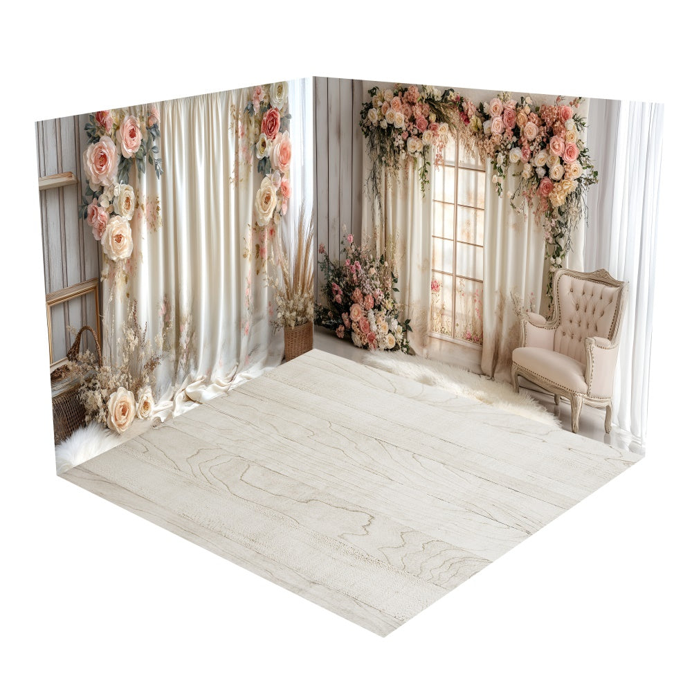 Elegante elfenbeinfarbene Vorhänge Floral Backdrop Zimmerset BRP2-16