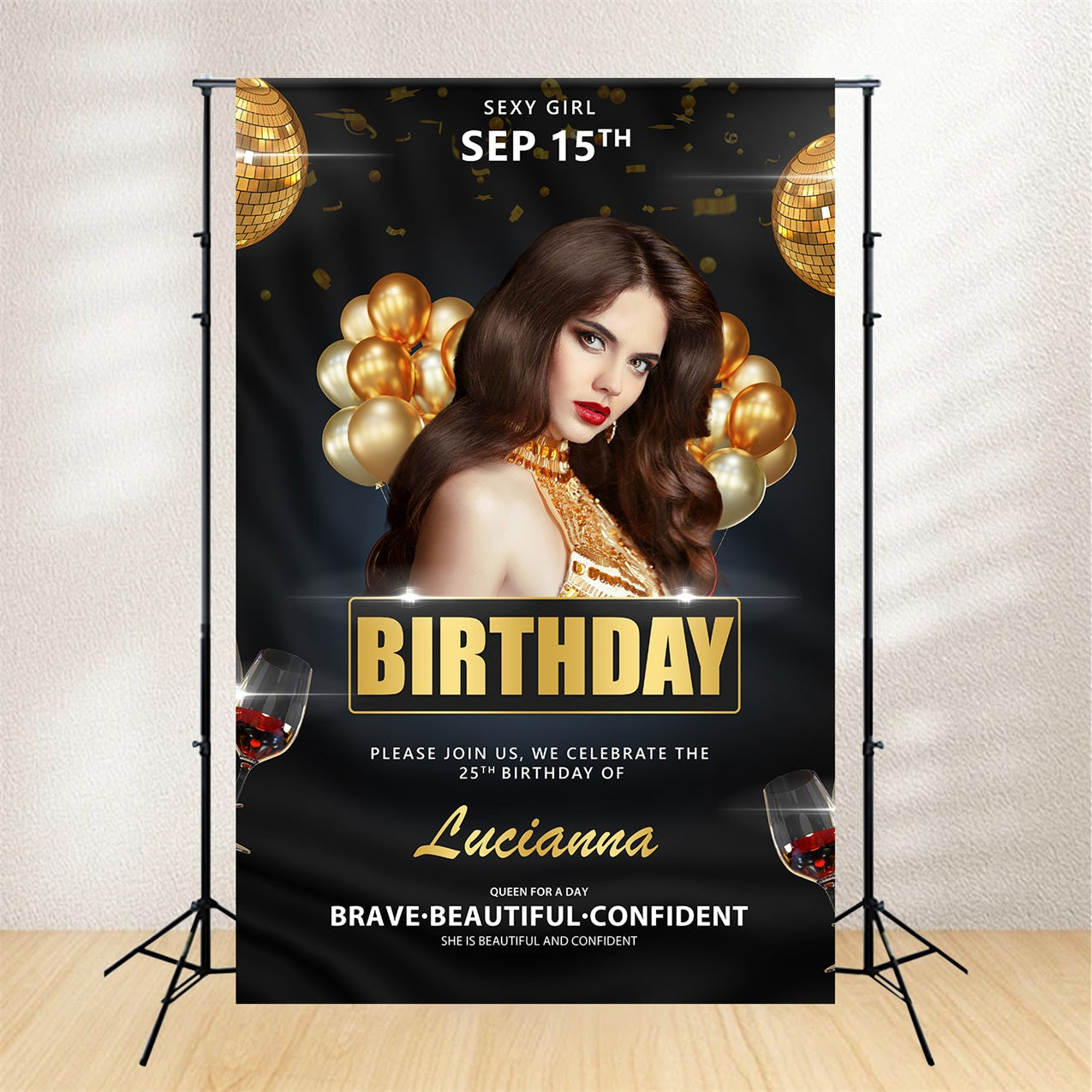 Custom Birthday Backdrops Schwarz Gold Glam Ballon Backdrop BRP2-40