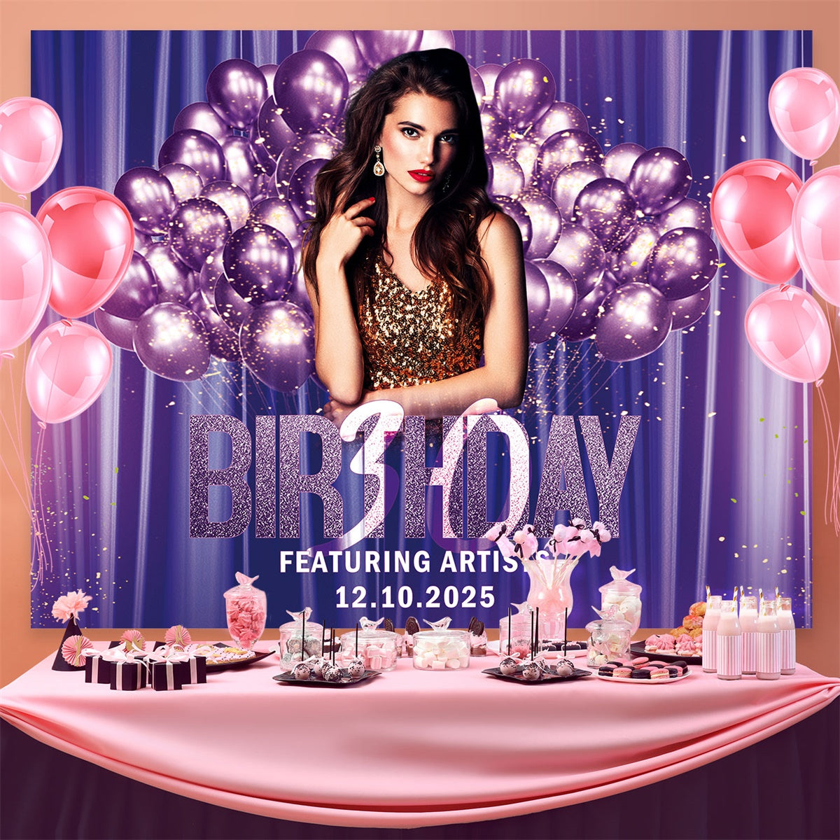Personalisierte Happy Birthday Backdrop Luxus lila Ballon Hintergrund BRP3-78