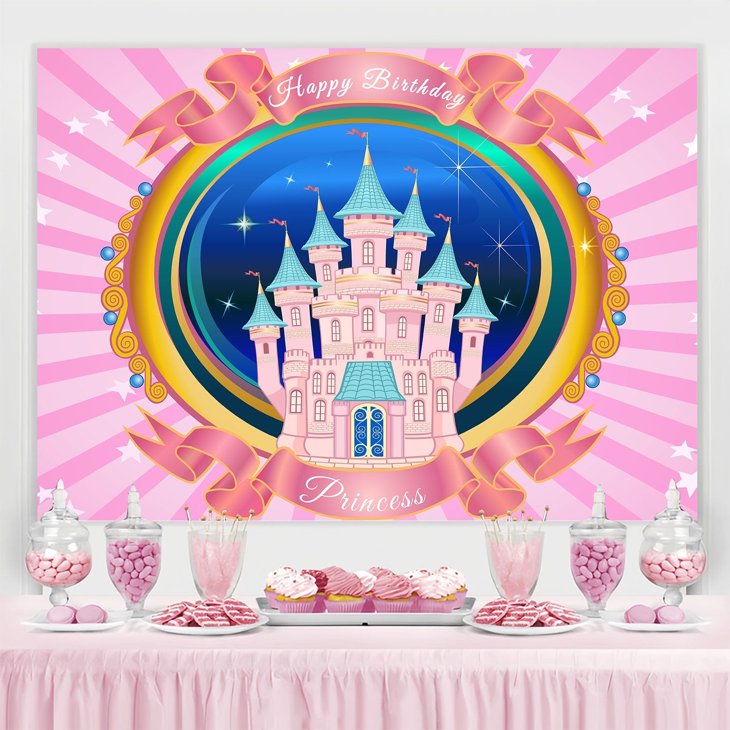 Geburtstag Backdrop Personalisierte Magische Rosa Schloss Backdrop BRP3-82