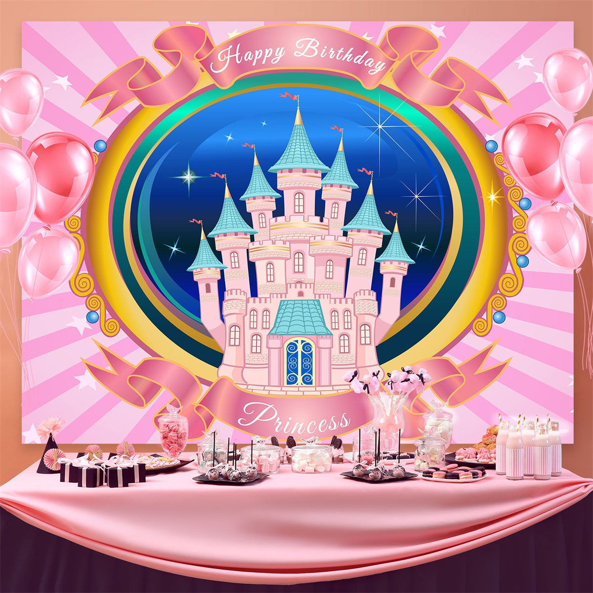 Geburtstag Backdrop Personalisierte Magische Rosa Schloss Backdrop BRP3-82
