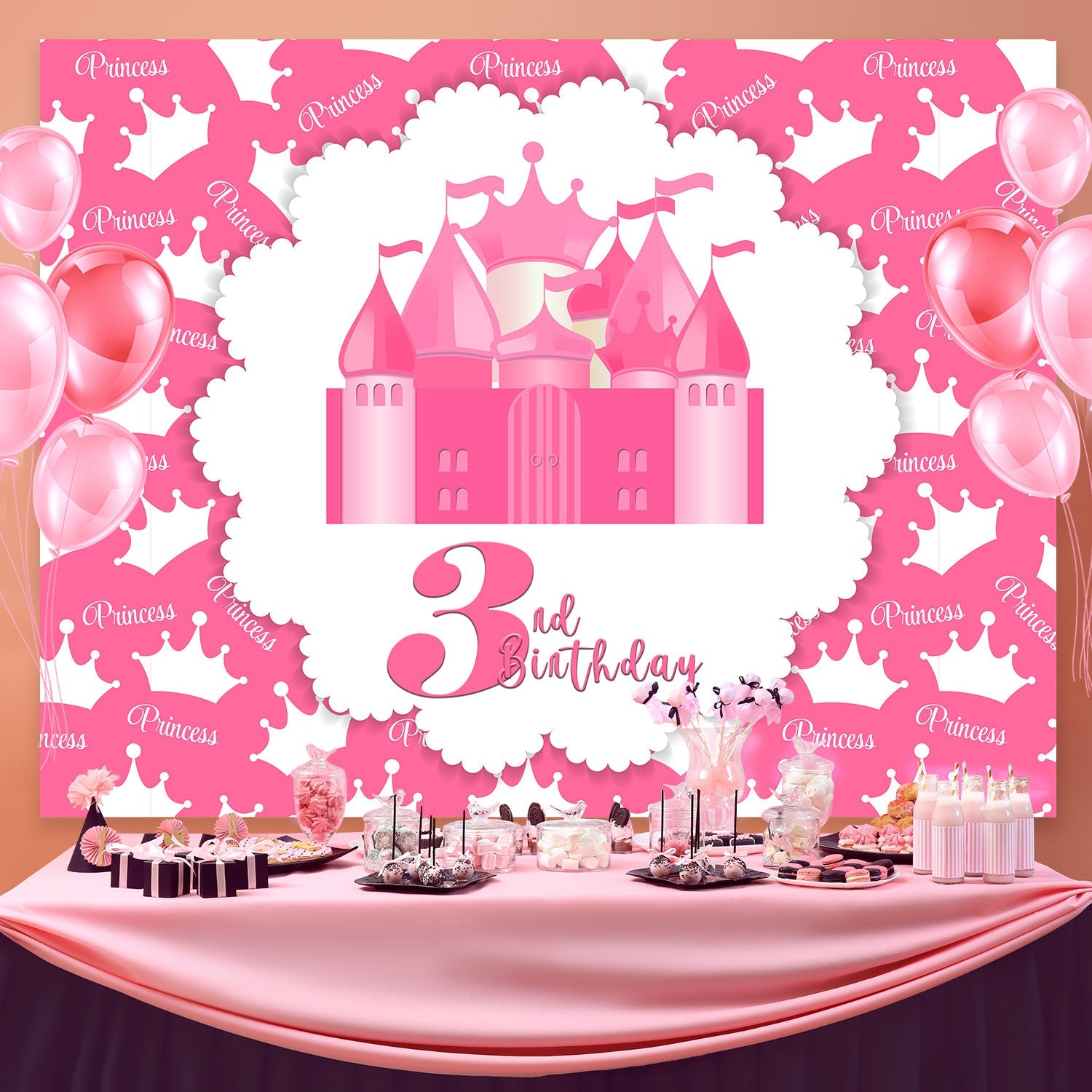 Personalisierte Geburtstagskulisse Rosa Prinzessin Schloss 3. Kulisse BRP3-84