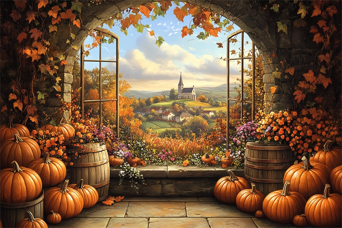 Herbst Fotokulissen Kürbisfass Dorfansicht Hintergrund BRP57-175