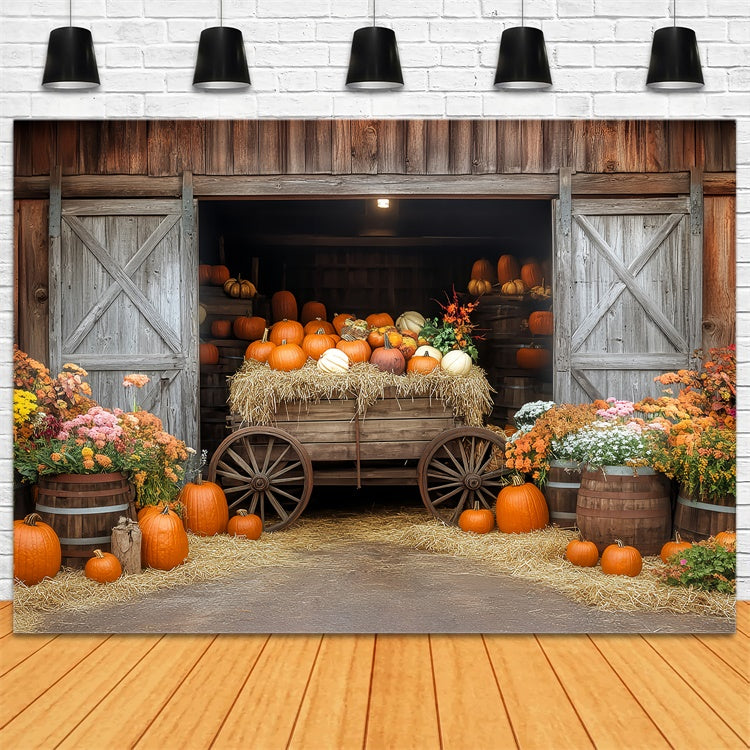 Herbst Fotokulisse Kürbis Wagen Scheune Fotohintergrund BRP57-184