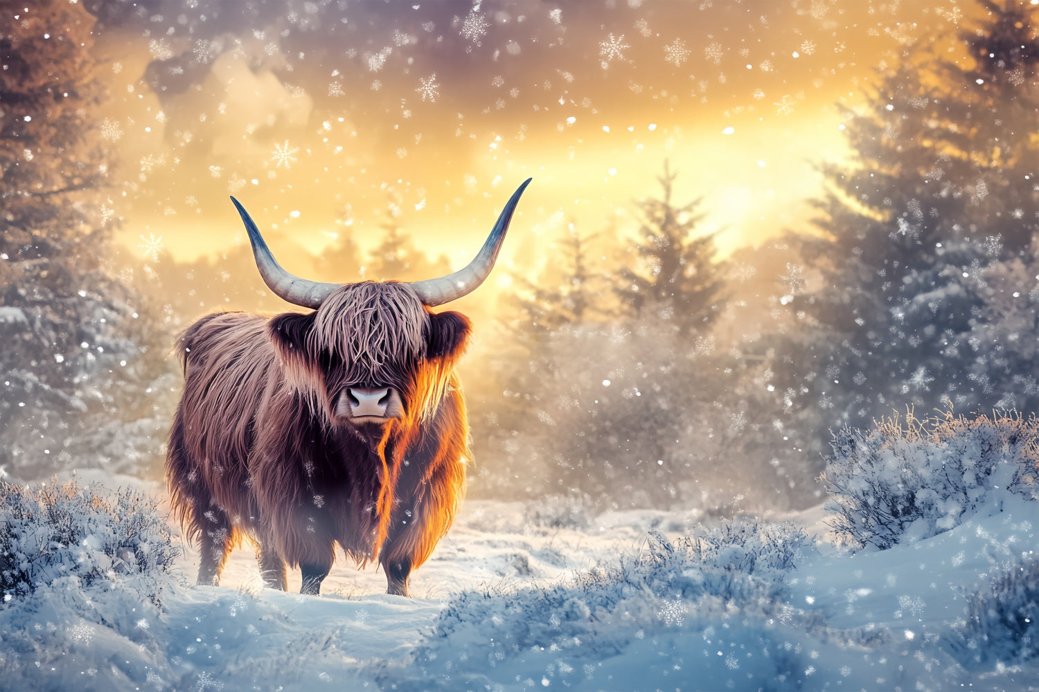 Winter Snow Backdrop Frosty Pines Sunset Foto Hintergrund BRP57-352