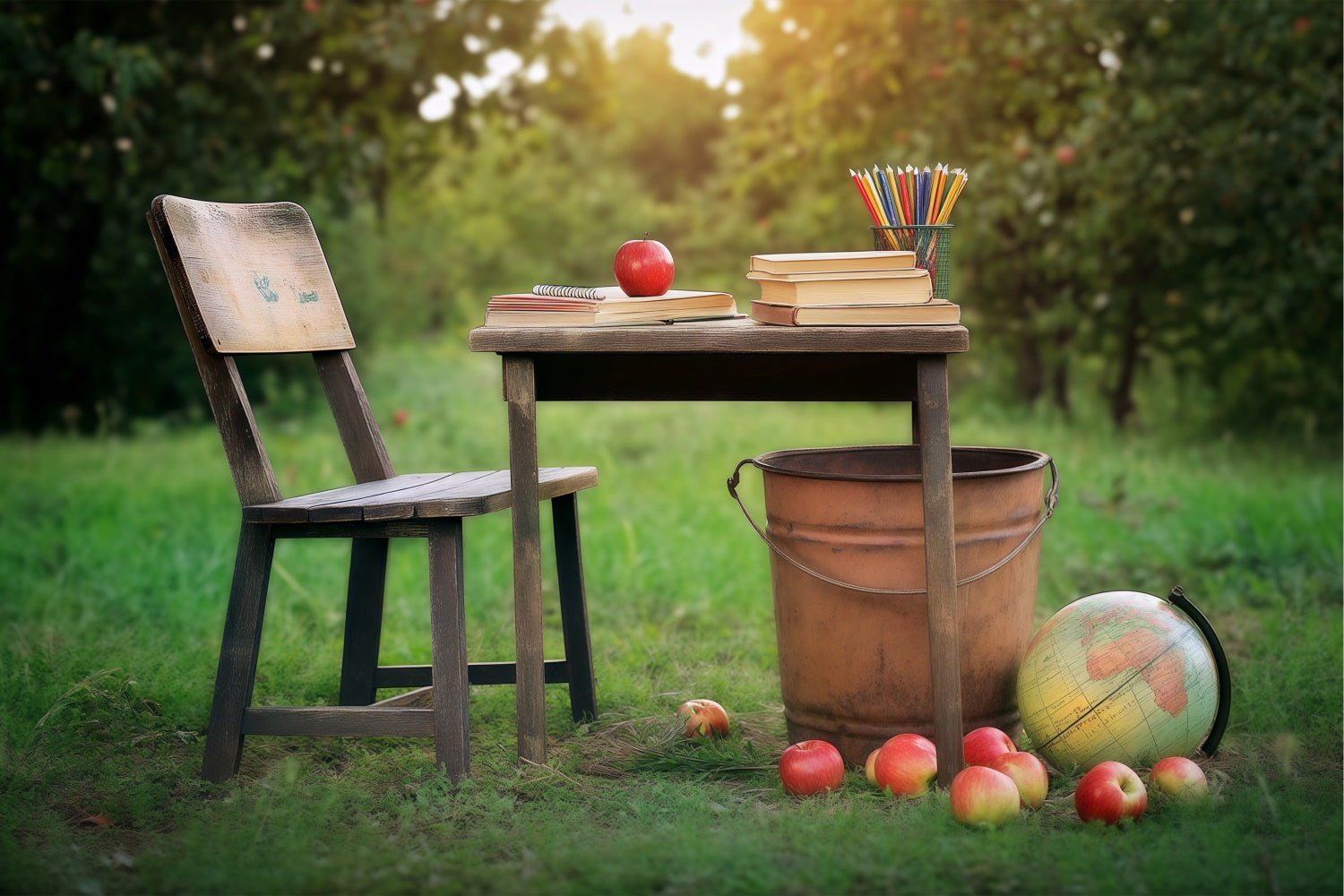 Schulfoto-Hintergrundkulissen Woodland Learning Table Backdrop BRP57-38