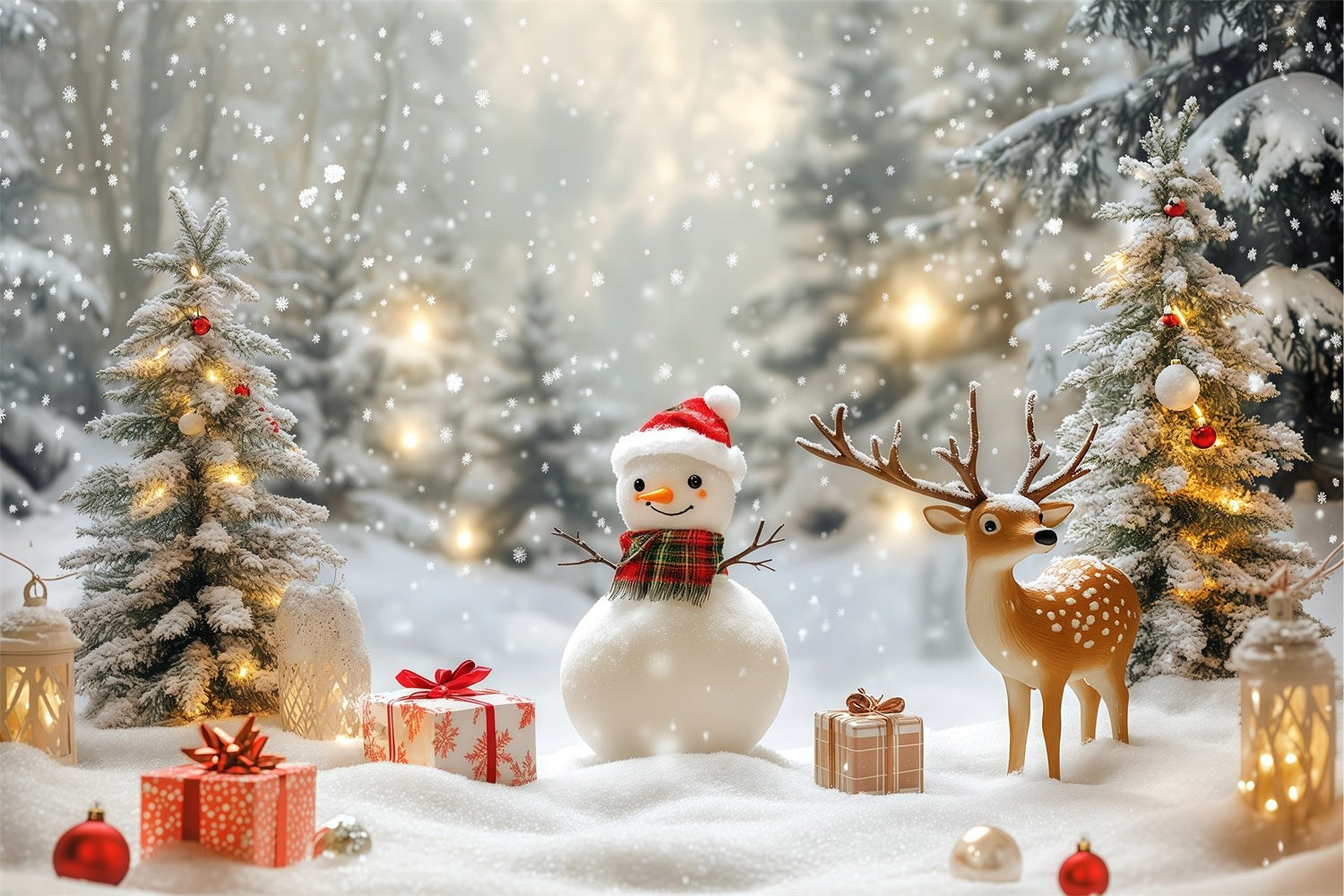 Schneekulisse Gemütlicher Schneemann Geschenk Weihnachts Foto Hintergrund BRP57-381