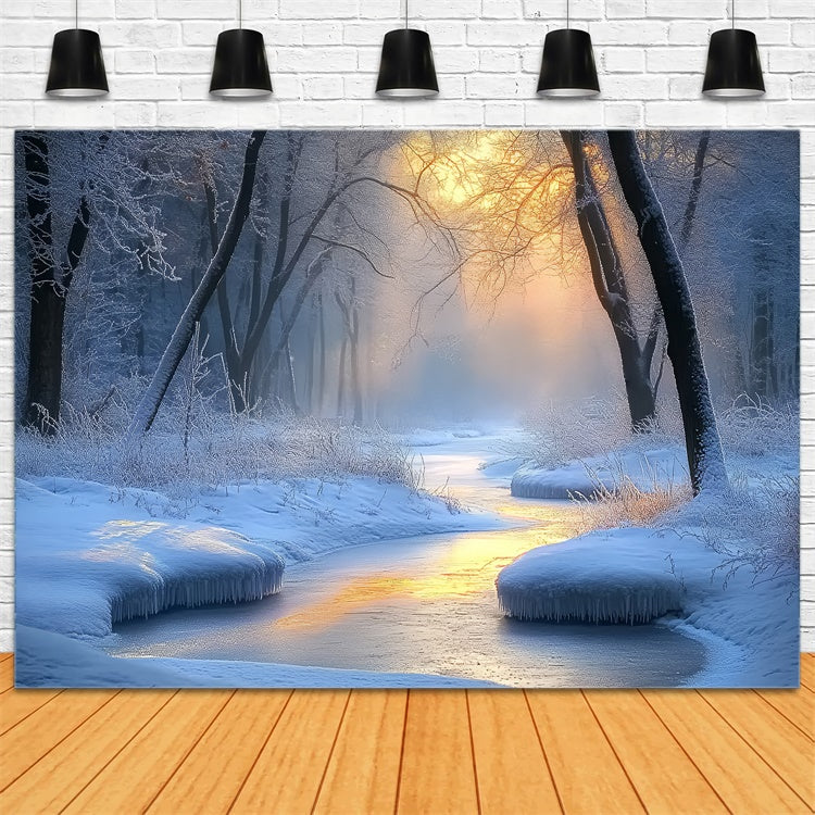 Winter Wonderland Backdrop Frost Forest Stream Foto Hintergrund BRP57-391