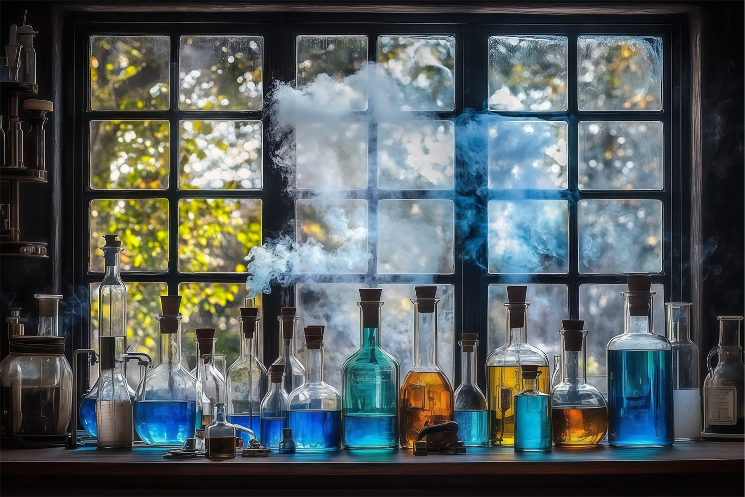 Chemie Backdrop Blauer Zaubertrank Fenster Szene Backdrop BRP57-44