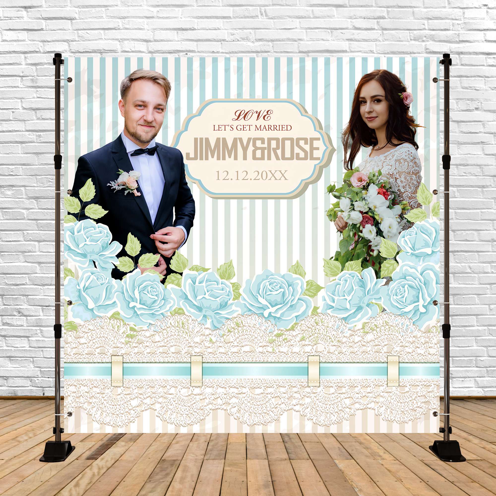 Hochzeit Fotokulissen Blaue Rose Spitze Personalisierte Kulisse BRP6-107