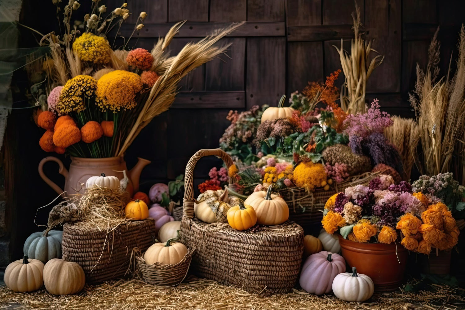Herbst Kürbis Schilf Blumen Fotografie Hintergrund BRP7-126
