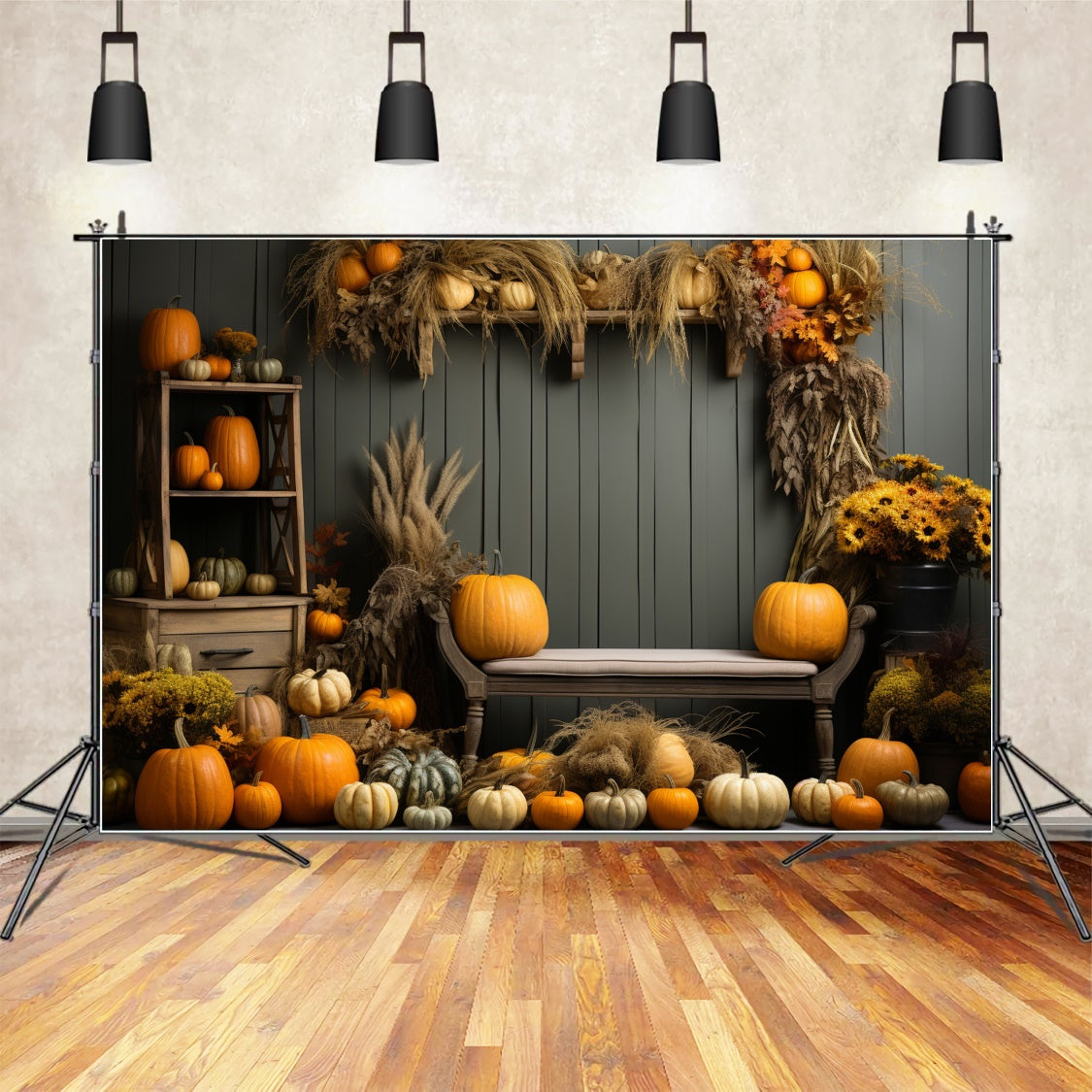 Herbstkürbis Regal Schilf Fotografie Hintergrund BRP7-127