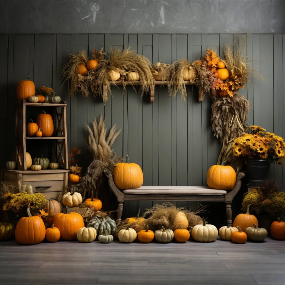 Herbstkürbis Regal Schilf Fotografie Hintergrund BRP7-127