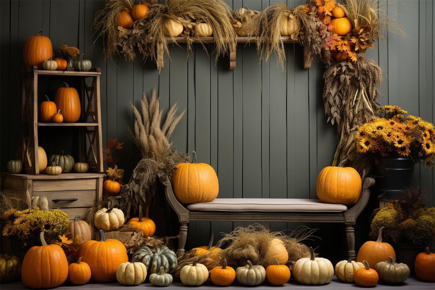 Herbstkürbis Regal Schilf Fotografie Hintergrund BRP7-127