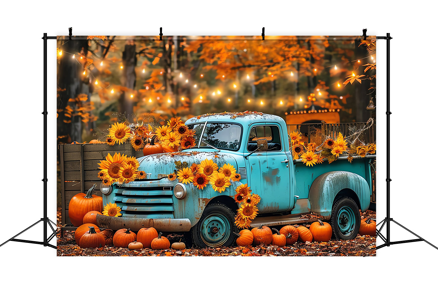 Herbstlicher blauer Lastwagen mit Sonnenblumen Fotohintergrund BRP7-130