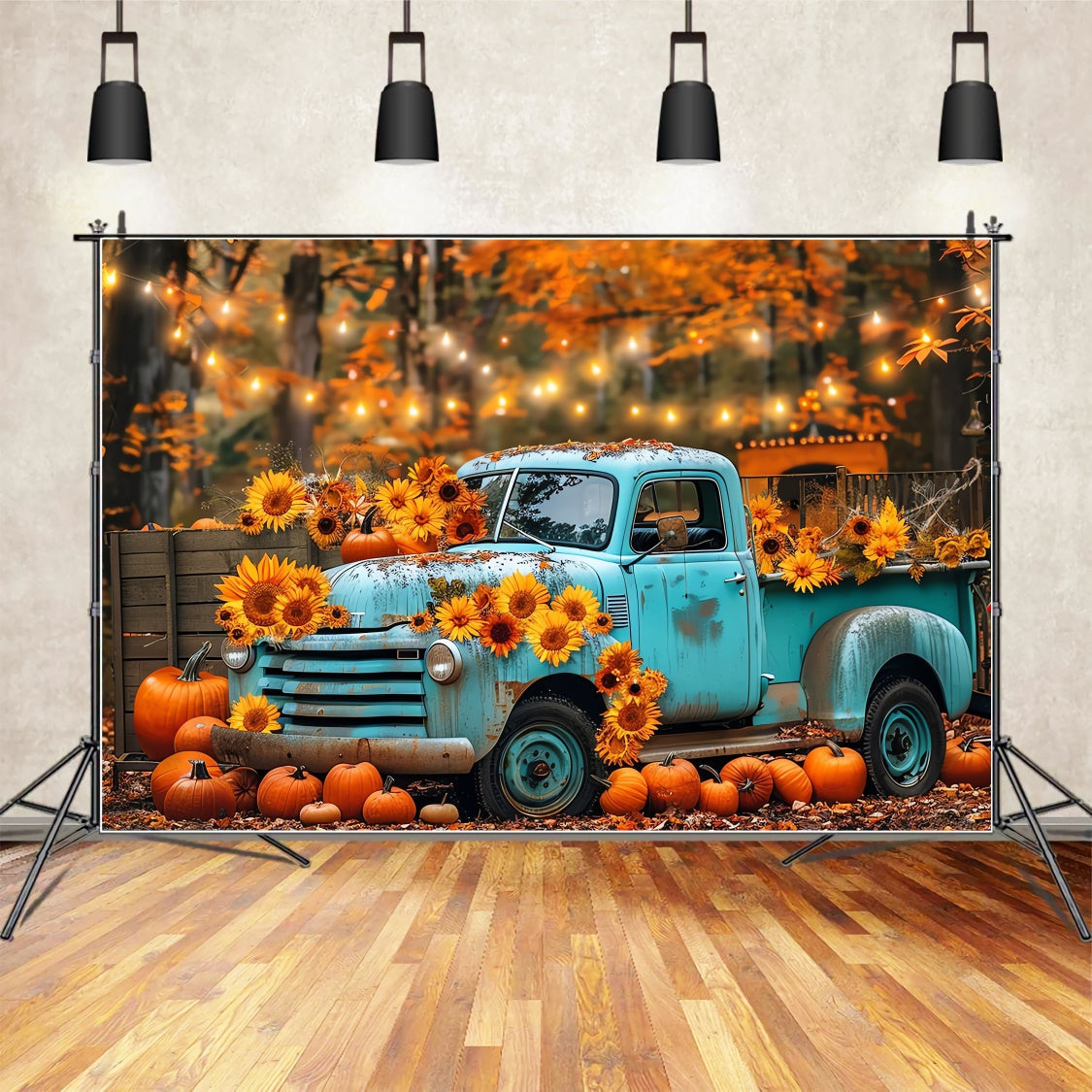 Herbstlicher blauer Lastwagen mit Sonnenblumen Fotohintergrund BRP7-130