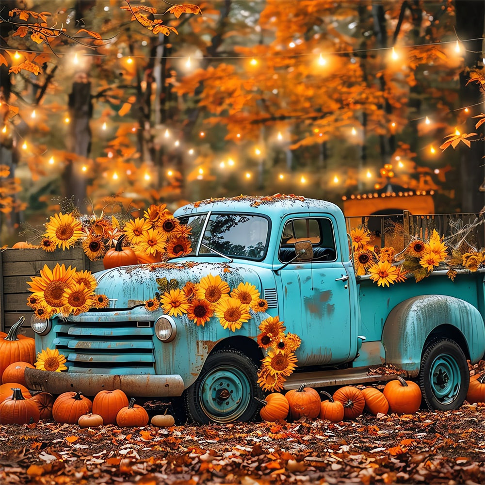 Herbstlicher blauer Lastwagen mit Sonnenblumen Fotohintergrund BRP7-130