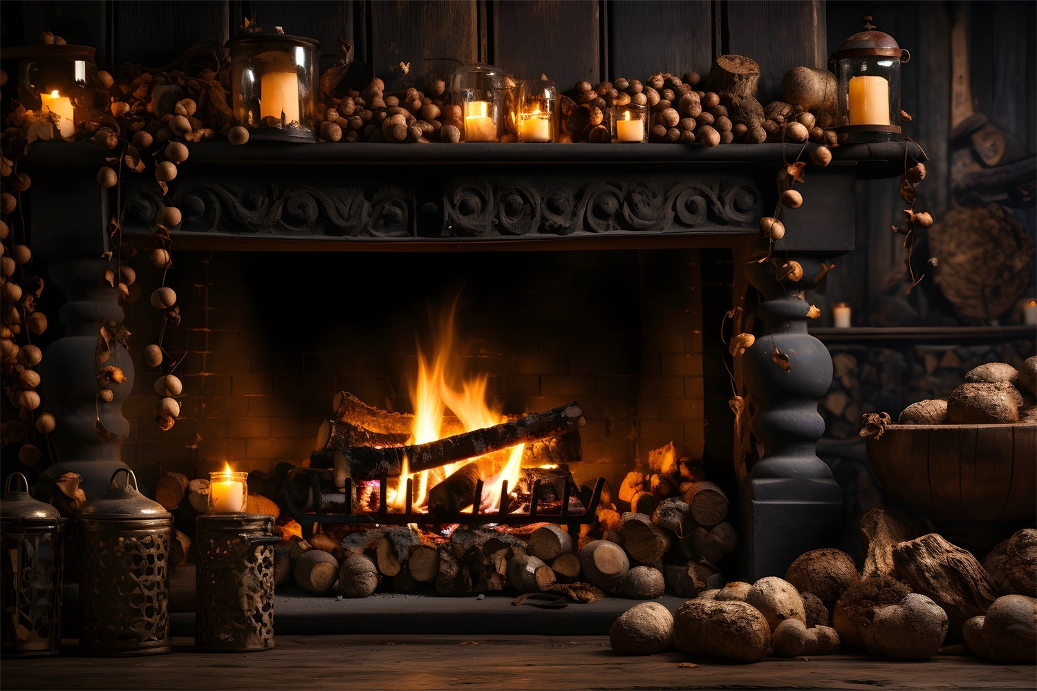 Herbst Schwarzer Kamin und Brennholz Fotohintergrund BRP7-131