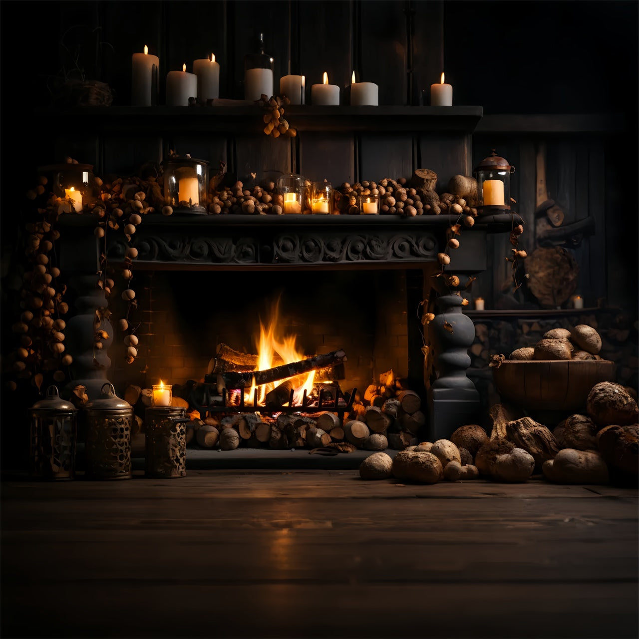 Herbst Schwarzer Kamin und Brennholz Fotohintergrund BRP7-131